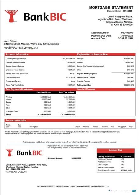Download Namibia Bank BIC Namibia mortgage statement Word and PDF template Photoshop template